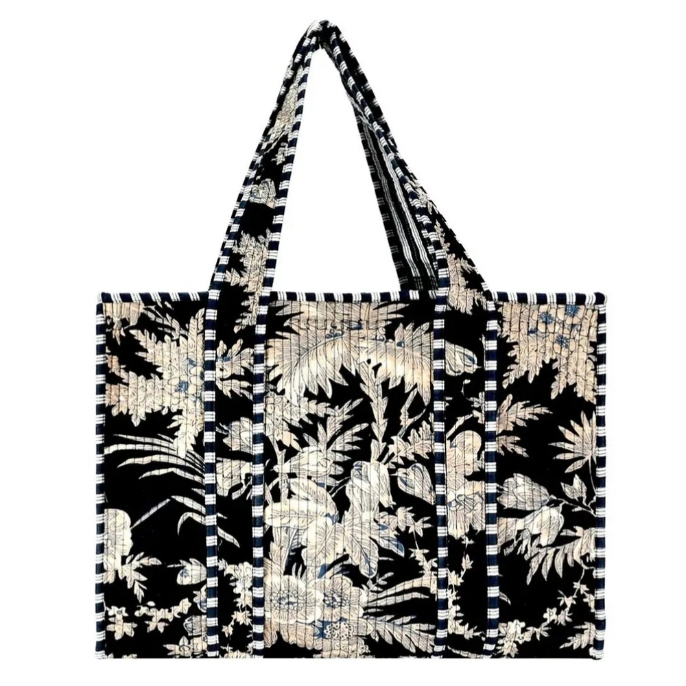 Black and Cream Floral Quilted Tote Bag